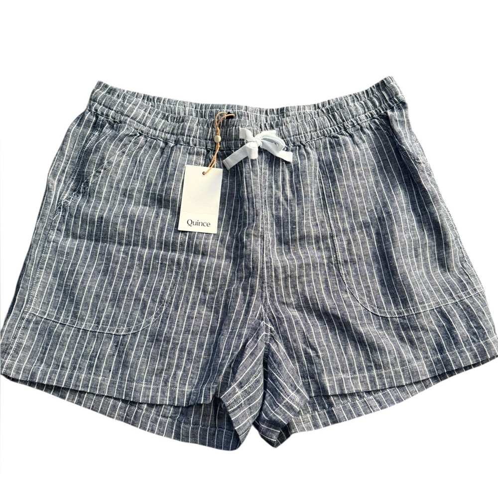 Quince Women 100% European Linen Shorts Blue Pinstripes Tie Waist - Picture 4 of 10